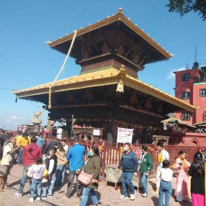 Pilgrims visiting the historic Manakamana Temple in Gorkha, Nepal