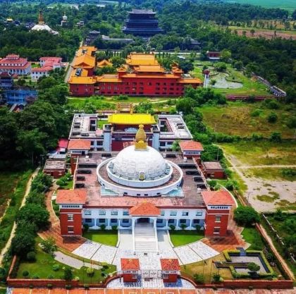 Aerial view of the World Peace Pagoda in Lumbini, Nepal